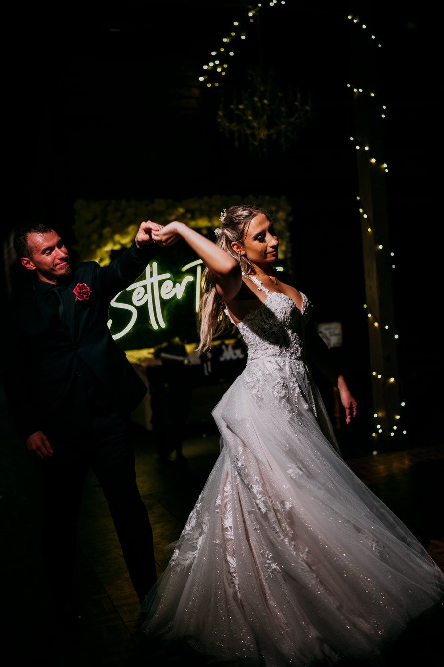 Bride and groom dancing their first dance at Ever After Farms Ranch